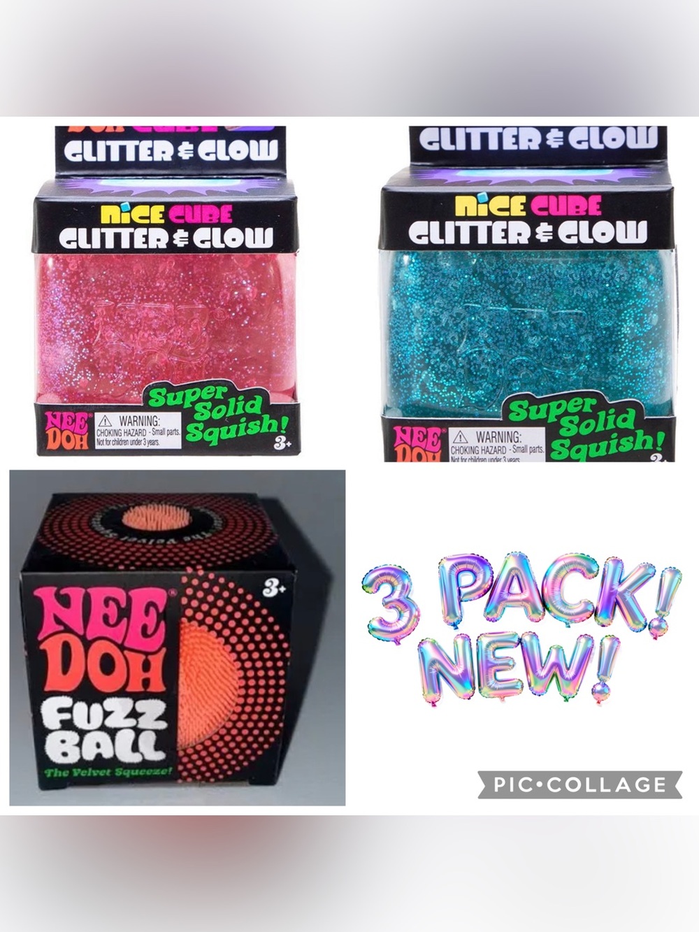 NeeDoh Glitter & Glow (2) 1-pink 1-blue, orange NeeDoh fuzz ball. Never opened.
